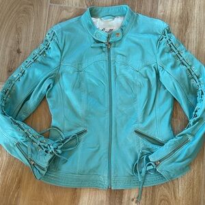Scully Turquoise Womens Blue River Soft Leather Laced Sleeve Jacket Size M